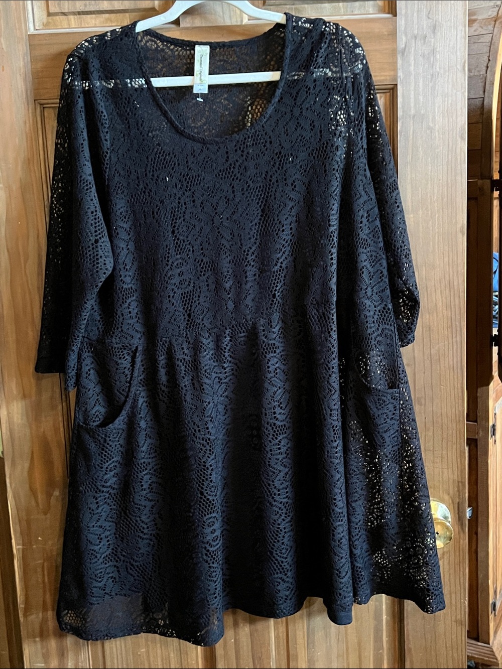Women's Black Lace Pocket Tunic - Relaxed Scoop Neck